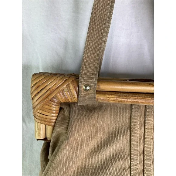 Vintage Rattan Handle Tan Canvas Satchel Purse Attached Coin Purse Boho Retro‎ - Picture 3 of 13